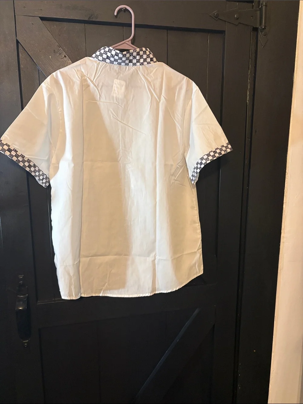 Men's White Short-Sleeve Button-Down Shirt with Patterned Collar